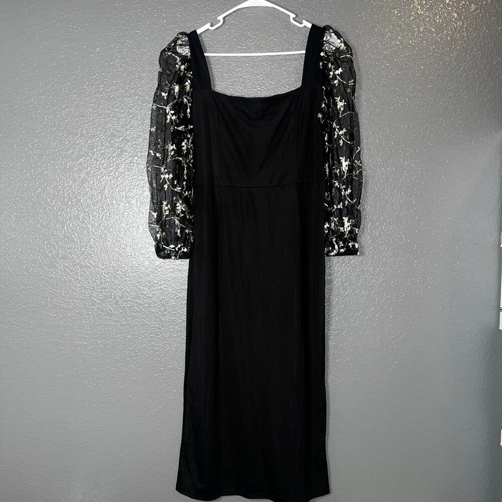 Elegant Black Midi Dress Women’s Size XL Sheer Floral Mesh Sleeve Square Neck